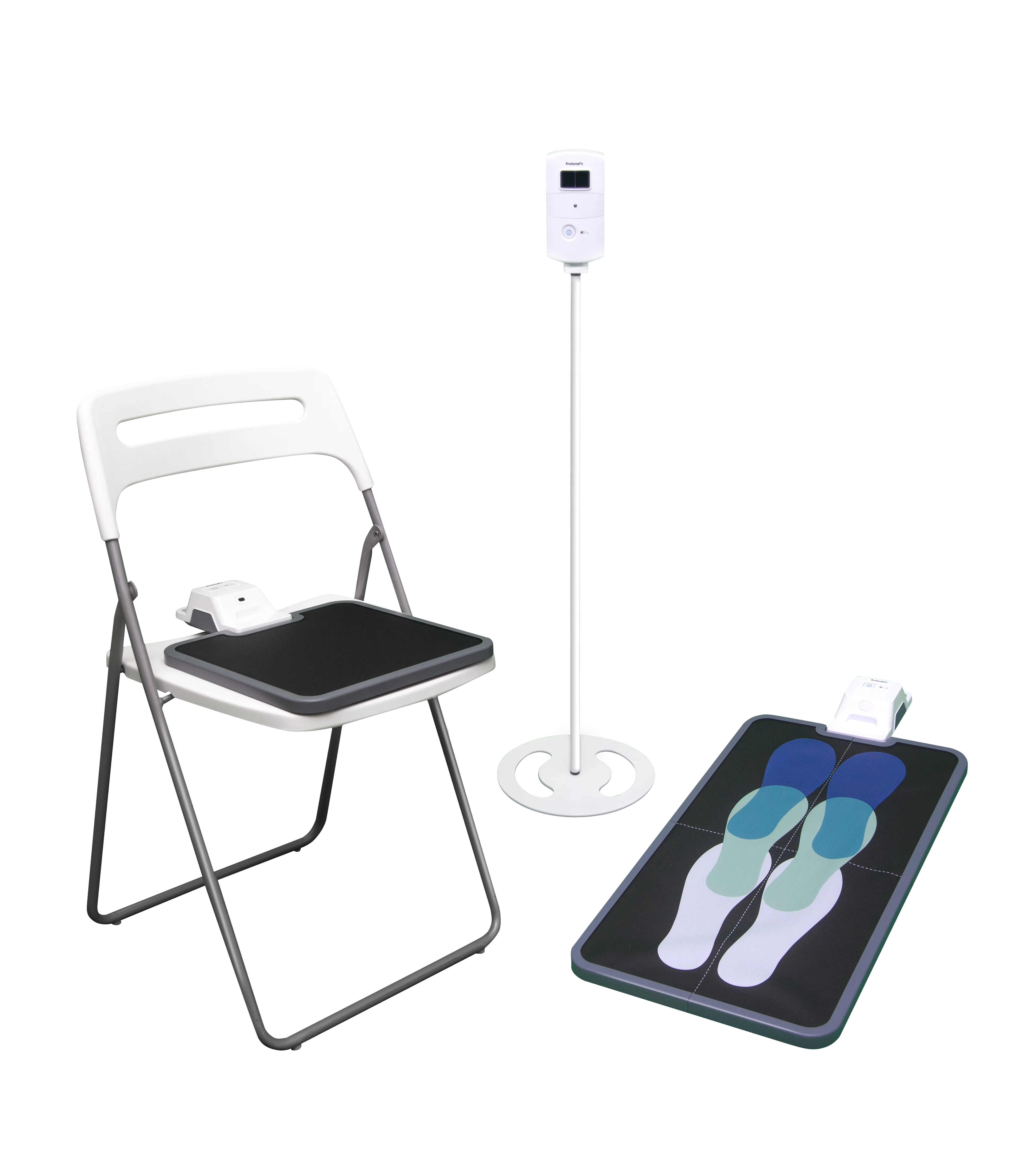 AndanteFit integrated SPPB hardware setup for standardized balance, gait, and chair-stand assessment